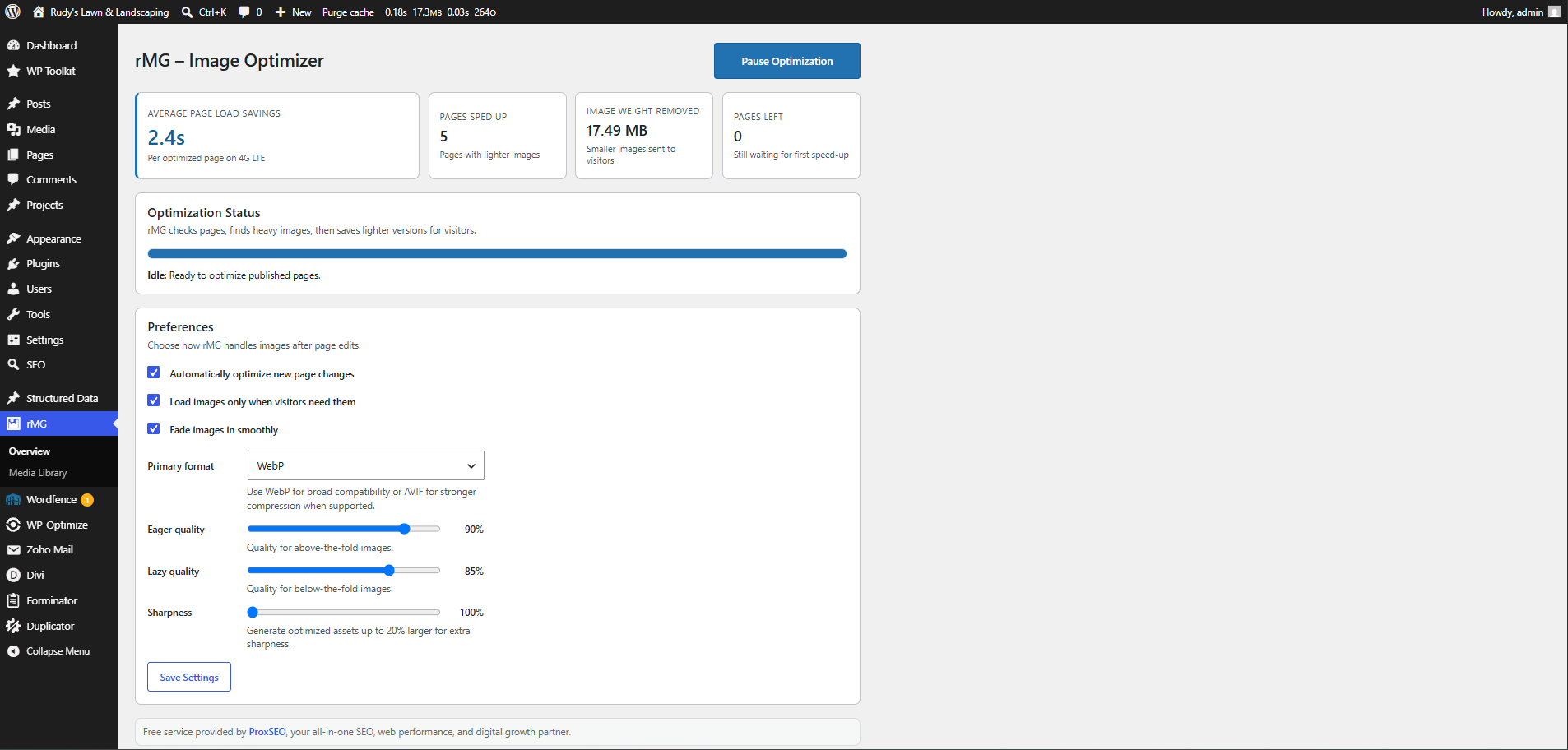 rMG overview with image savings, optimization controls, and settings.