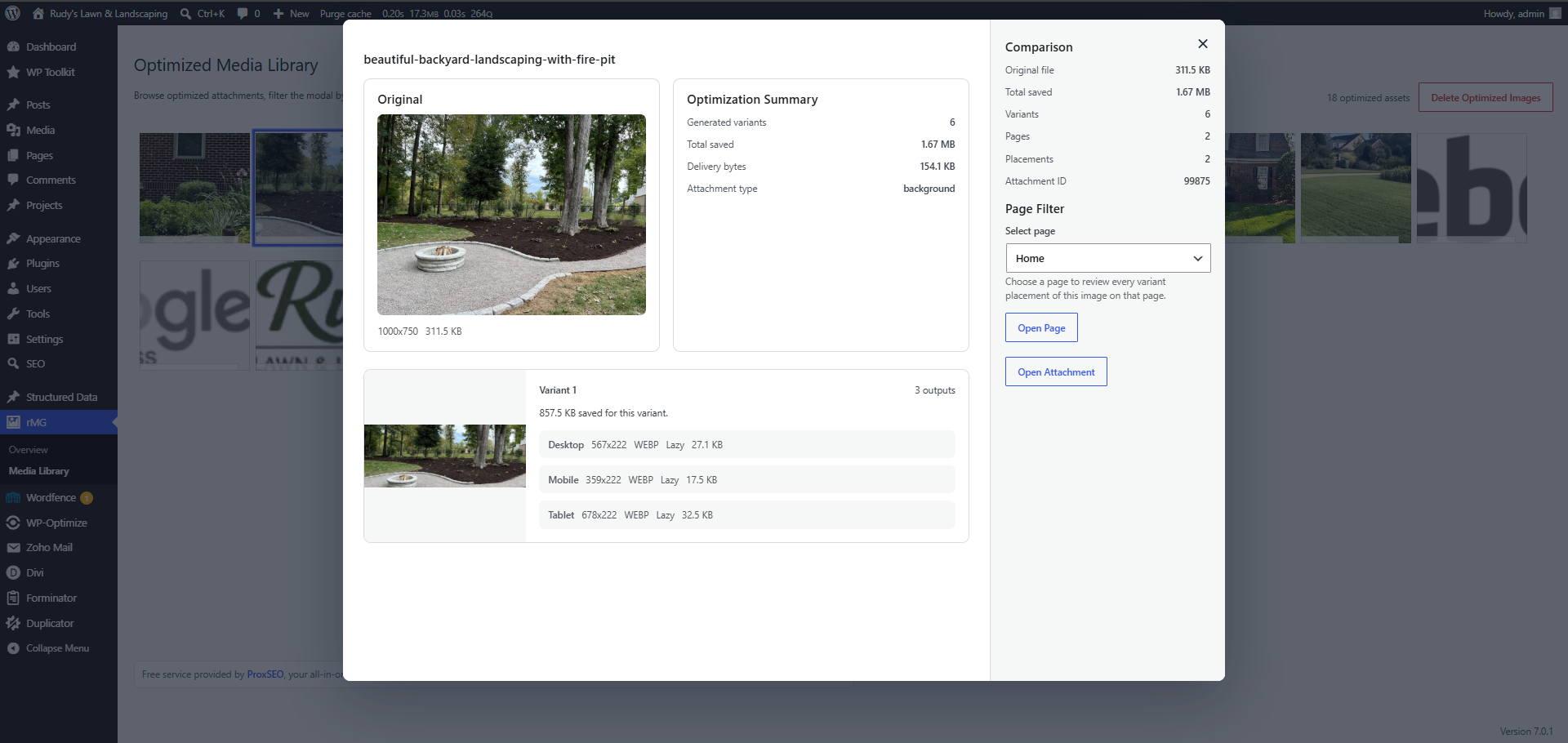 Image detail view showing original and optimized variants.