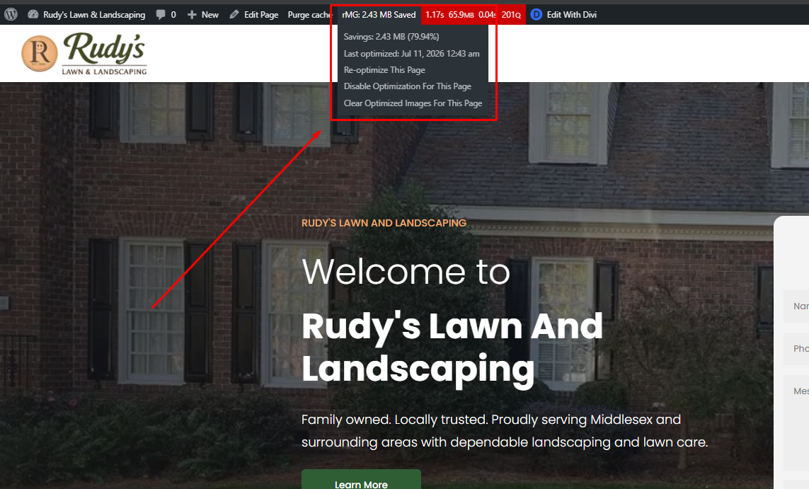 Admin bar dropdown showing page savings and page-level reoptimization controls.