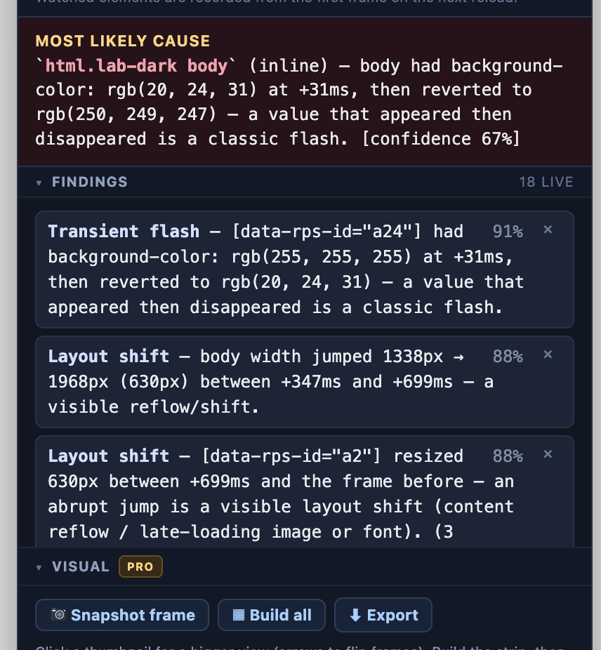 Frame detail — the winning CSS rule per property at the inspected frame.