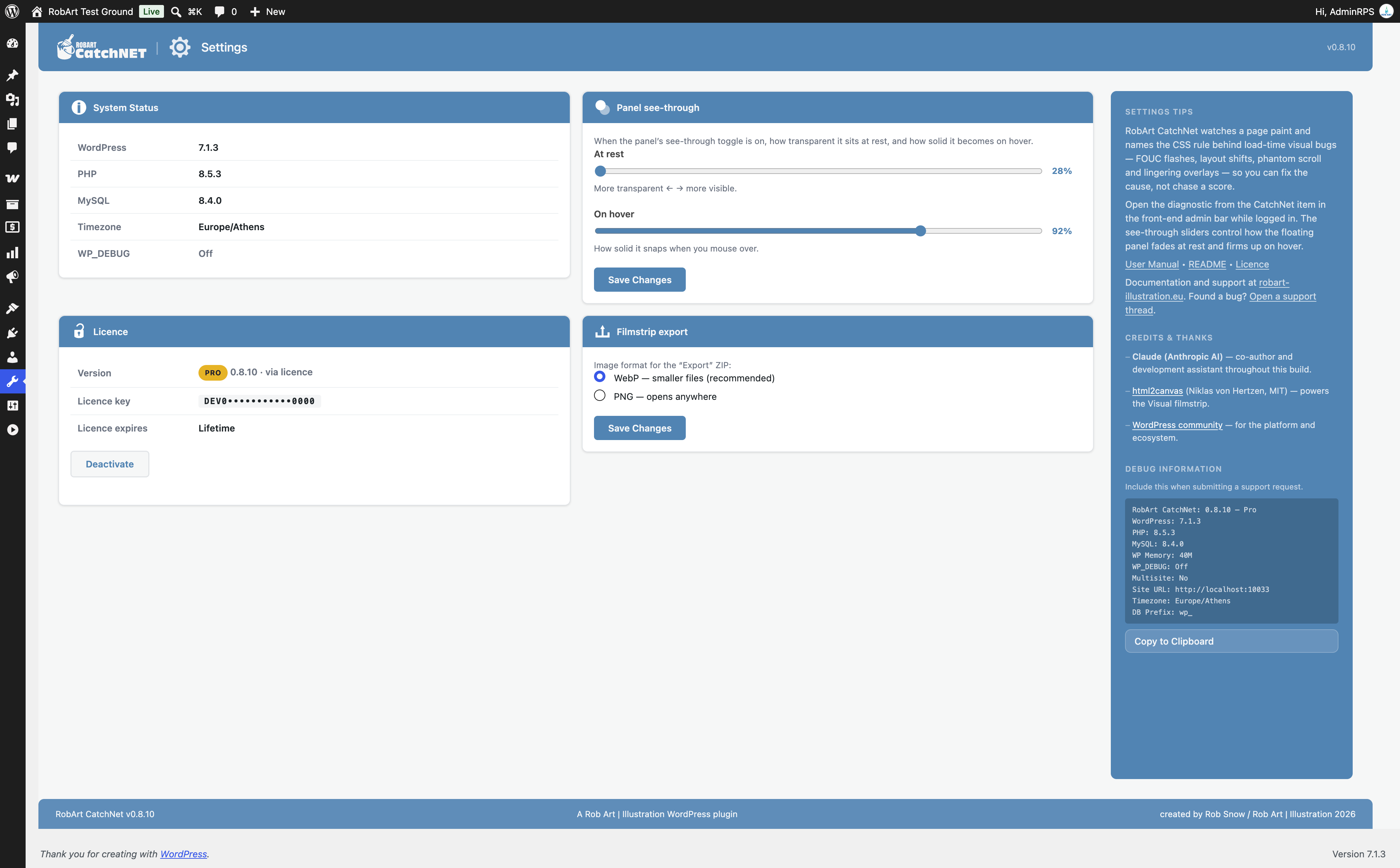 Tools → CatchNet — status, see-through sliders, licence and export options.