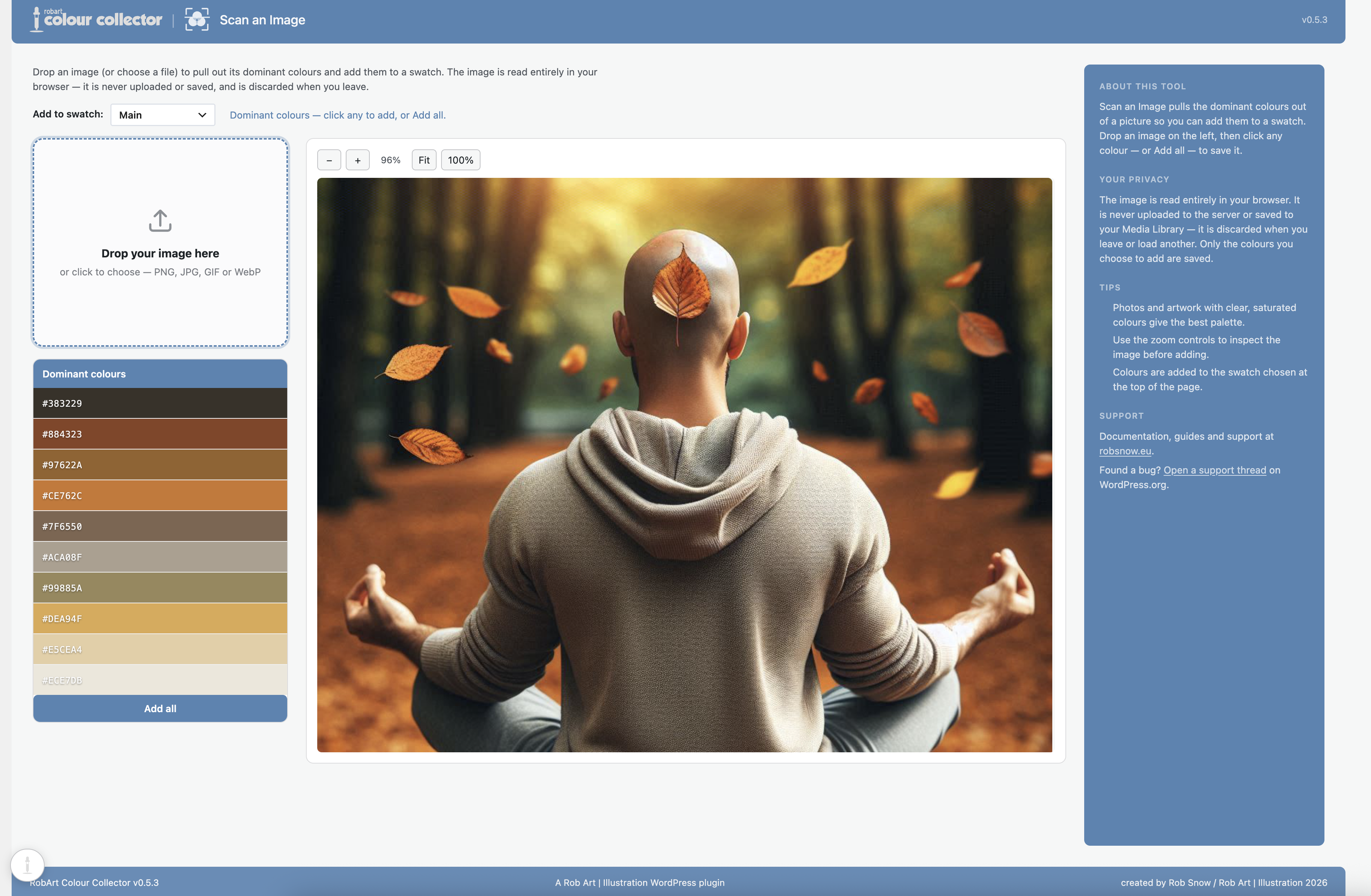 Scan an Image (Pro) — drop in a picture, pull out its dominant colours on a zoomable preview, and add the ones you want to a swatch. Read entirely in your browser; the image is never uploaded.