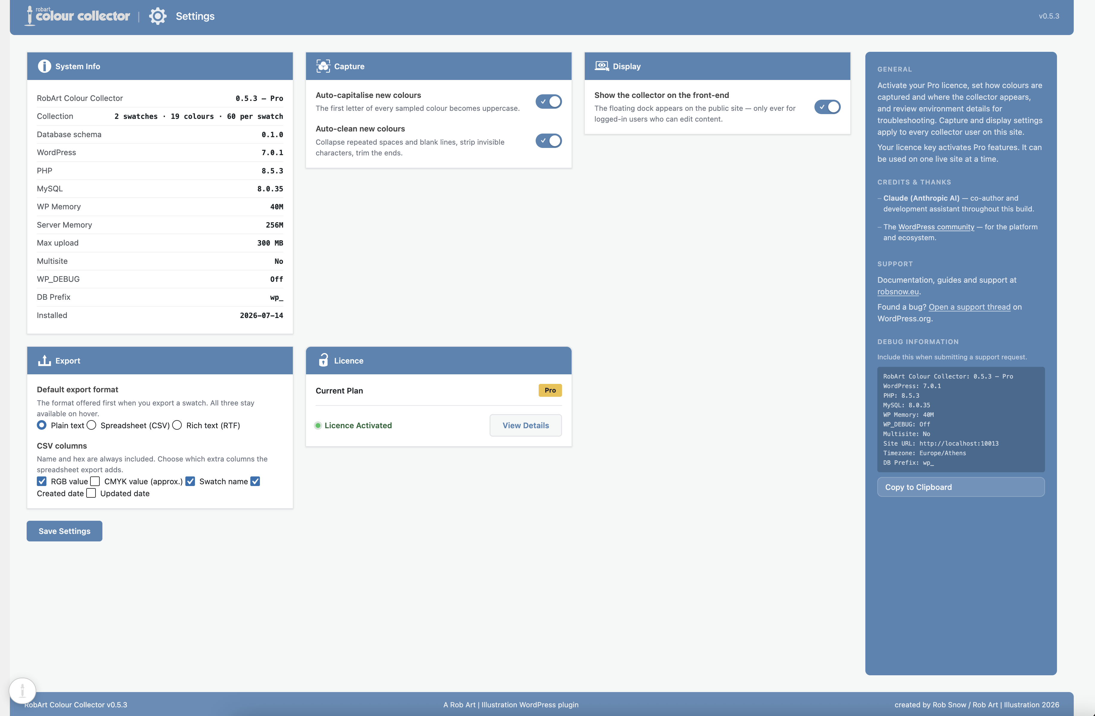 The Settings page — Capture, Display and Export options at a glance.