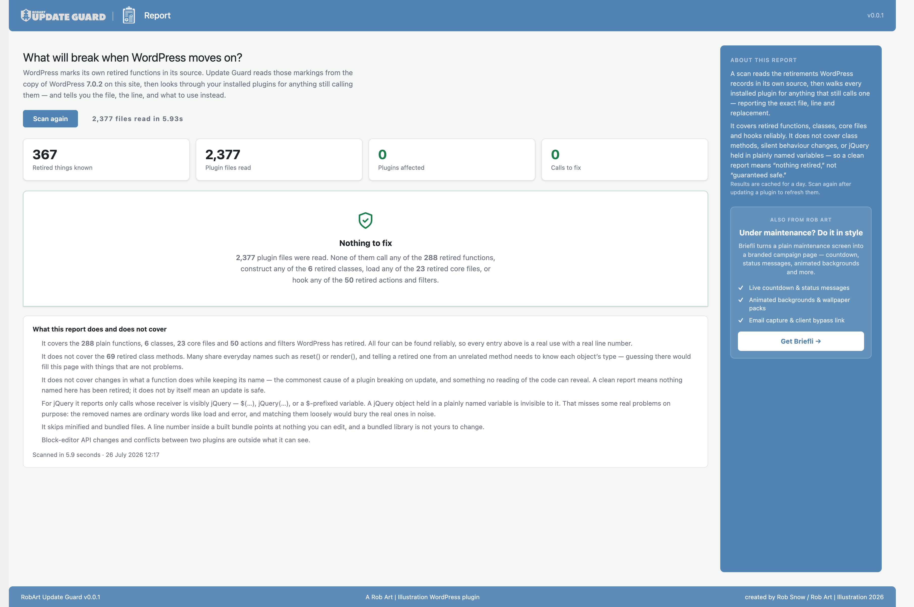 The Report — a scan showing which plugins call retired functions, with file, line and replacement.