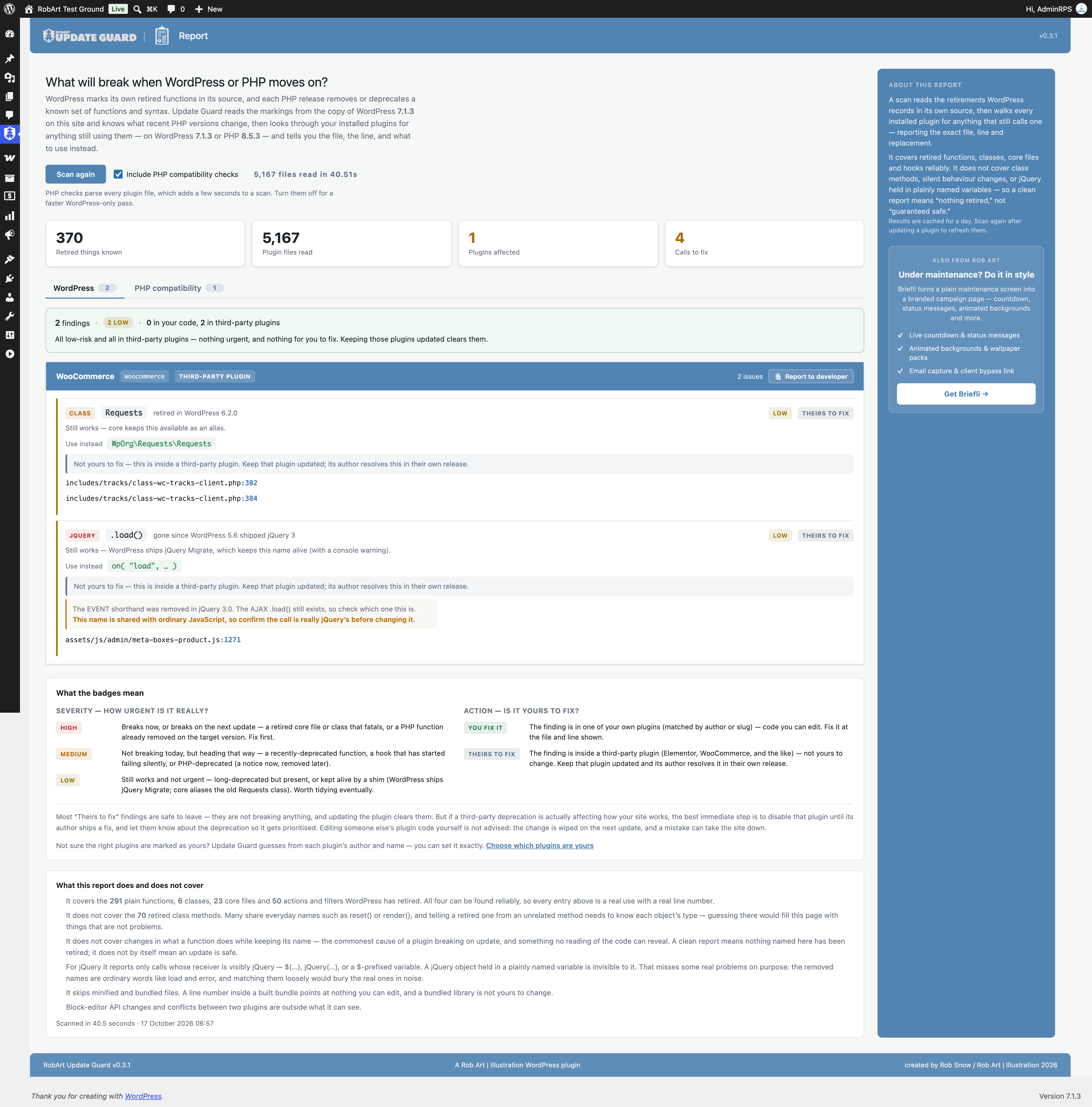 The Report — WordPress and PHP findings with file, line, severity, ownership and suggested replacement where available.