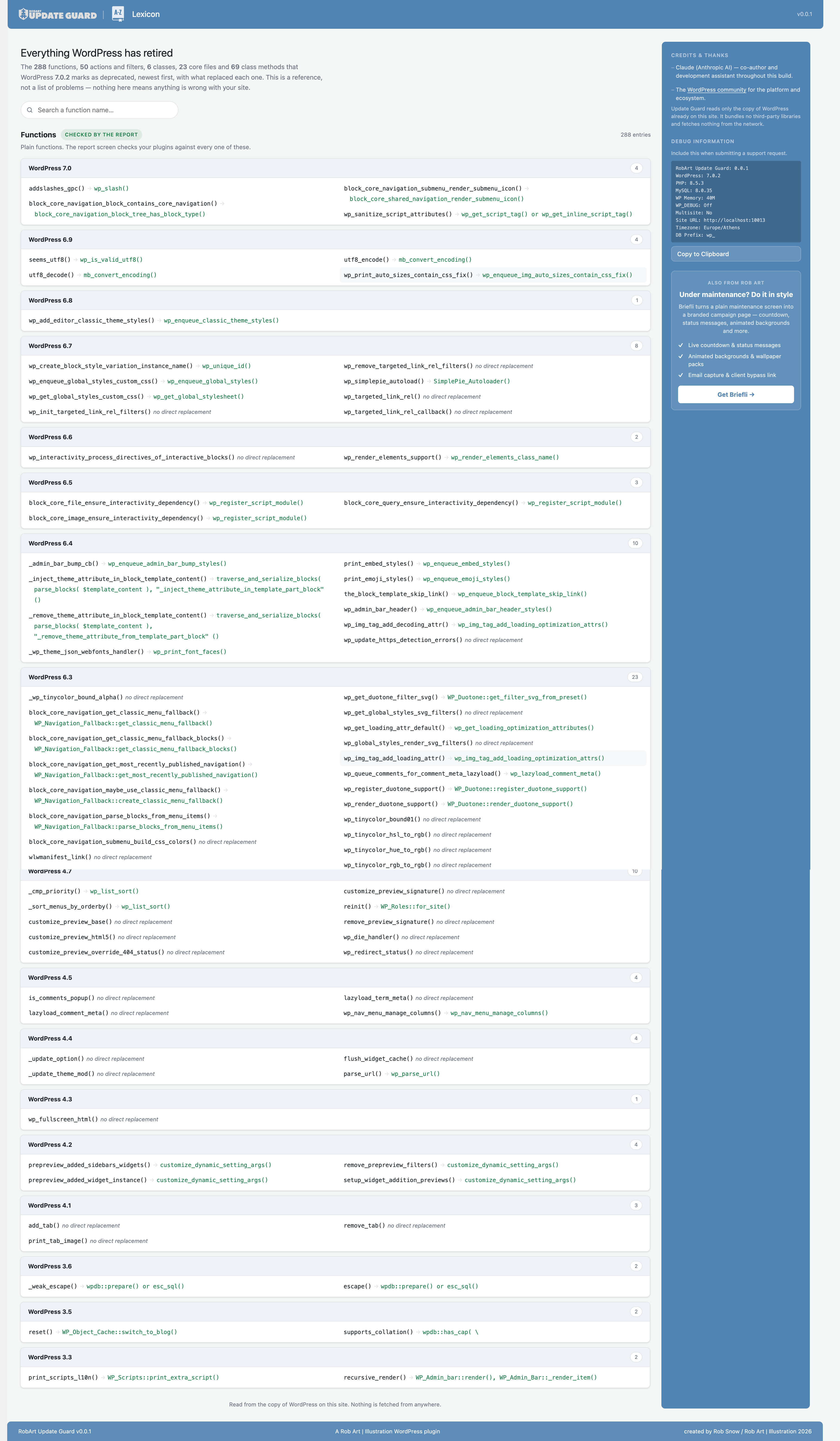 The Lexicon — a searchable reference of everything your WordPress version has retired.