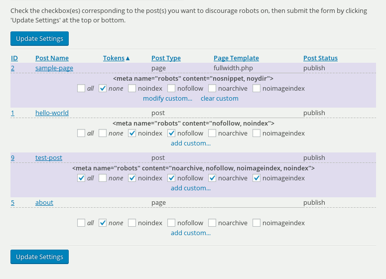 Robots Meta Whiz configuration screen.