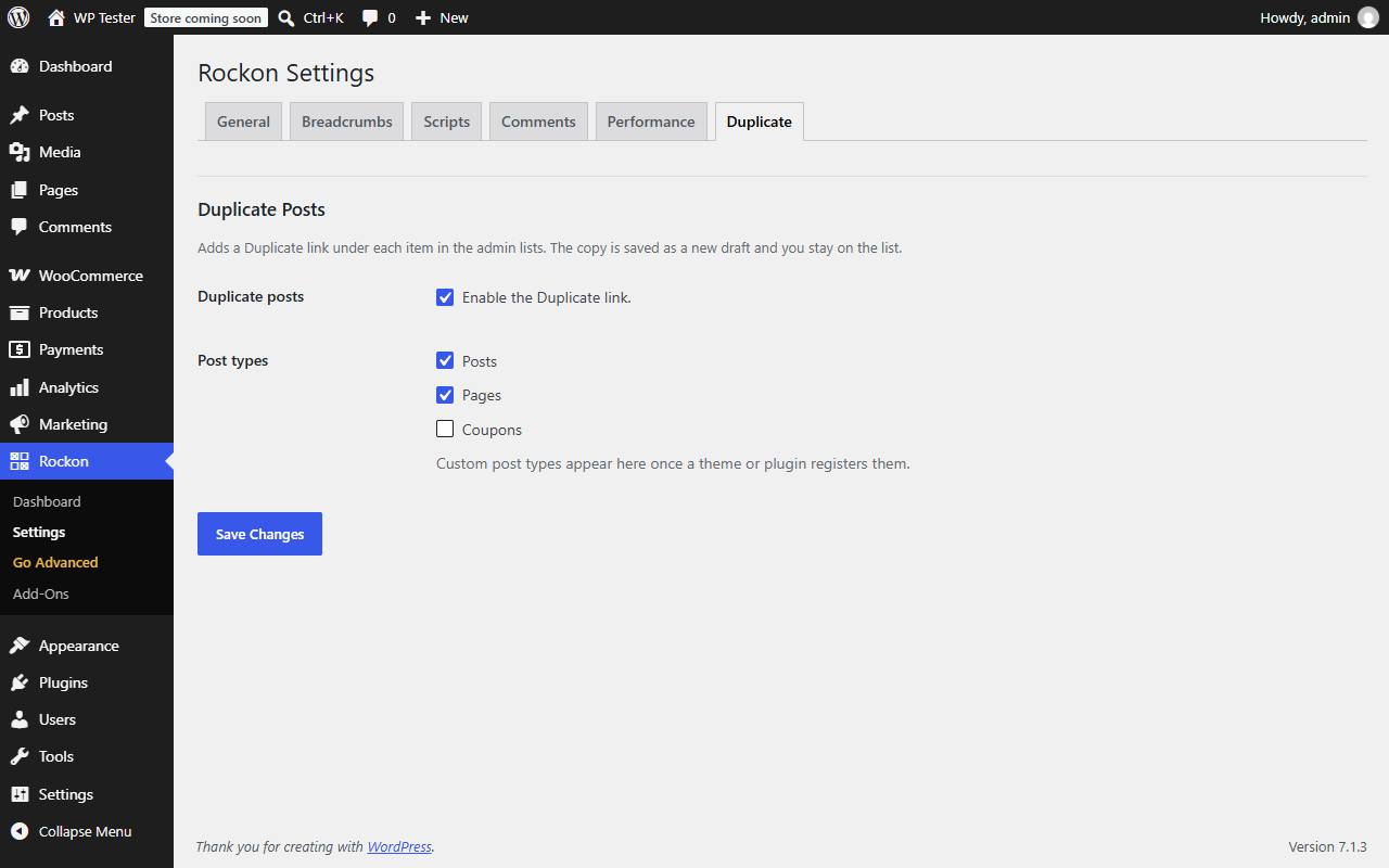 Duplicate — switch the feature on and choose which post types get the Duplicate link.