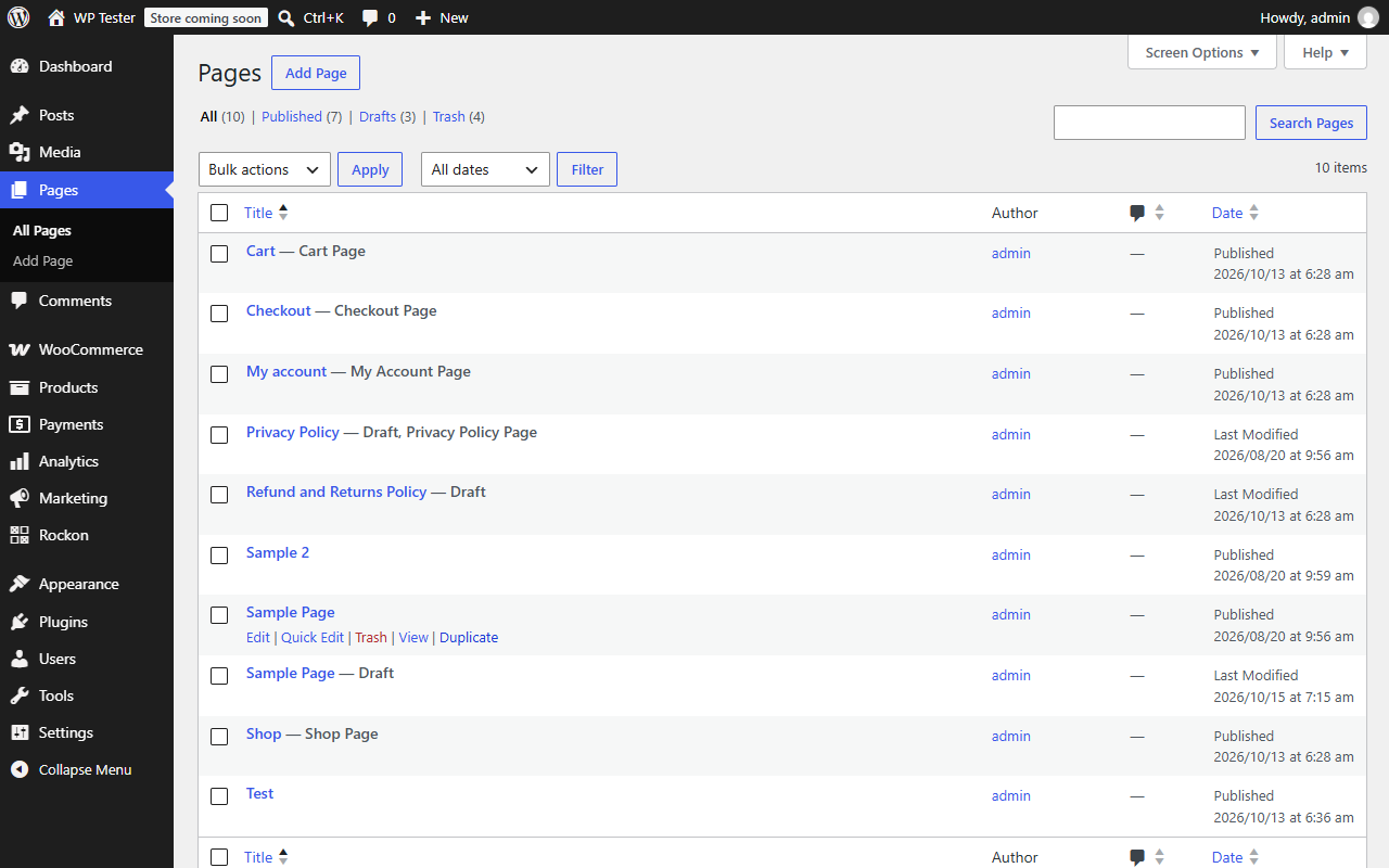 The Duplicate link in the Pages list, next to Edit, Quick Edit, Trash and View.