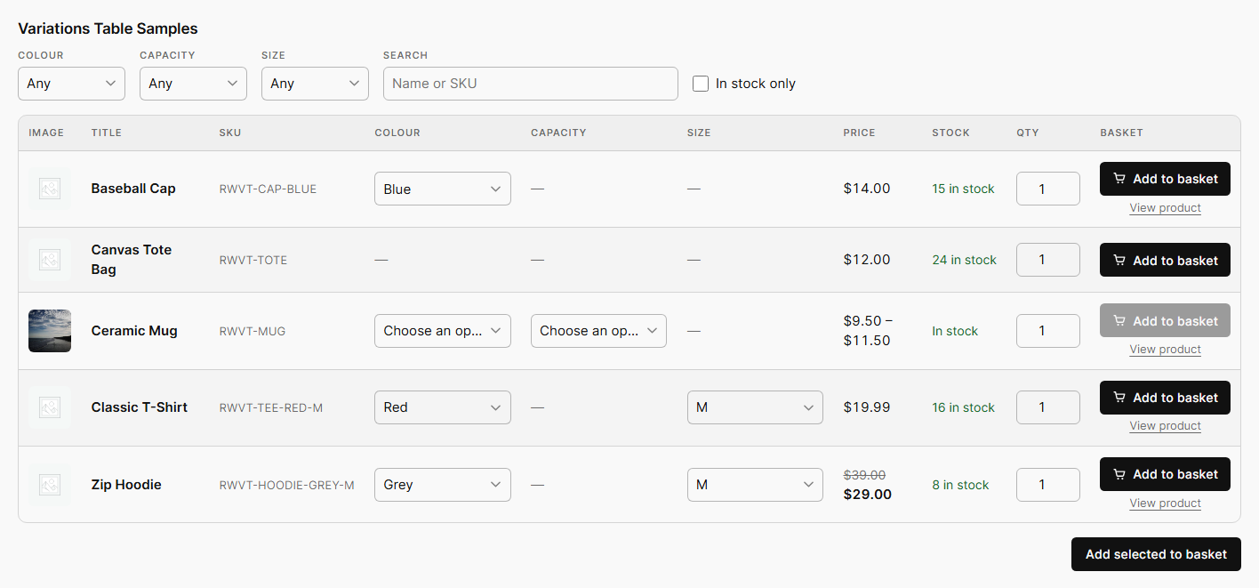 The dropdown table with instant filters: choose options and the price, stock and SKU update before adding to the basket.