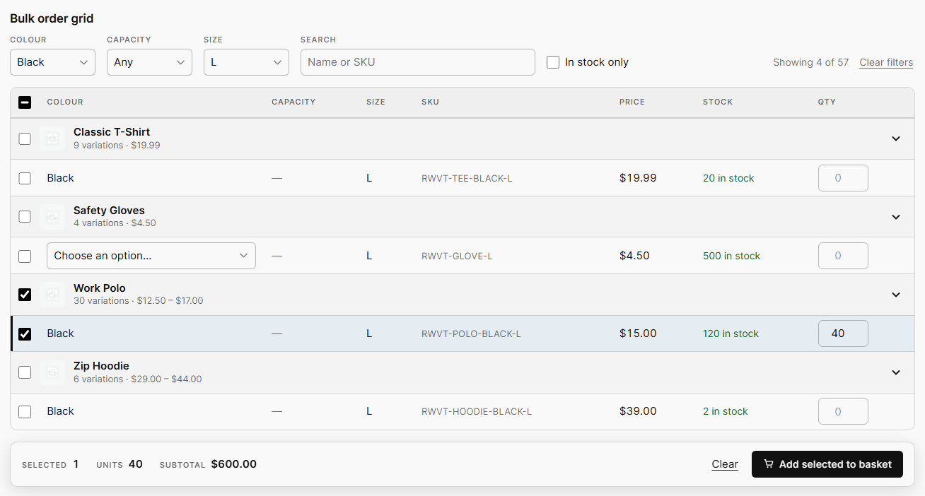 Filtering the grid by colour and size. Matching products open automatically.
