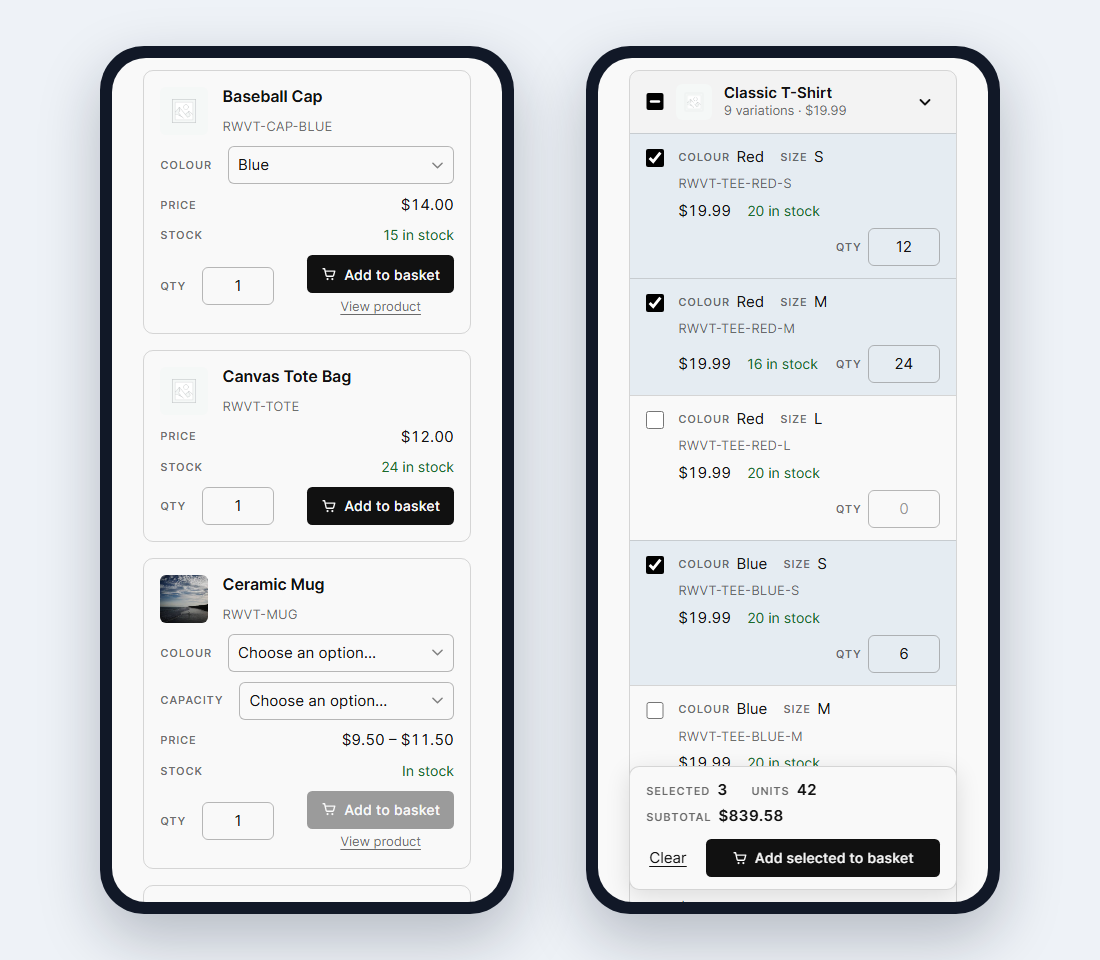 On a phone, the dropdown table becomes cards and the grid a compact list.