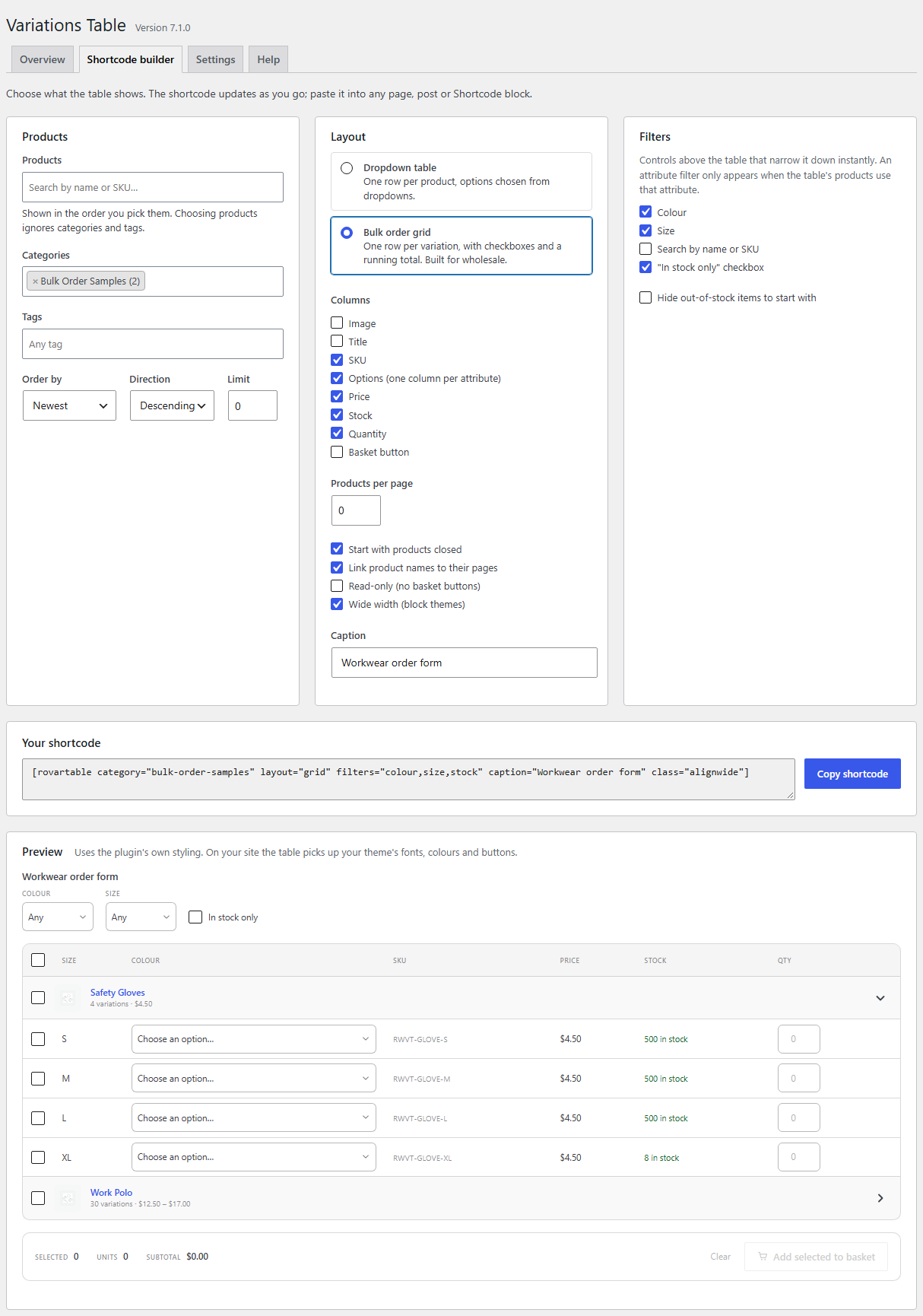 The shortcode builder with a live preview.