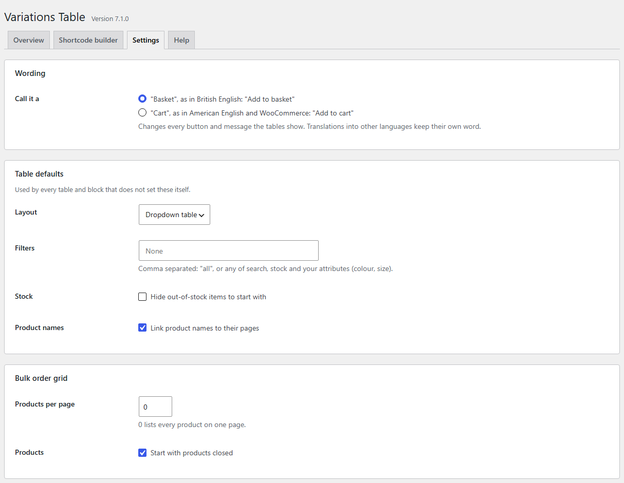Store-wide settings, including "basket" or "cart" wording.