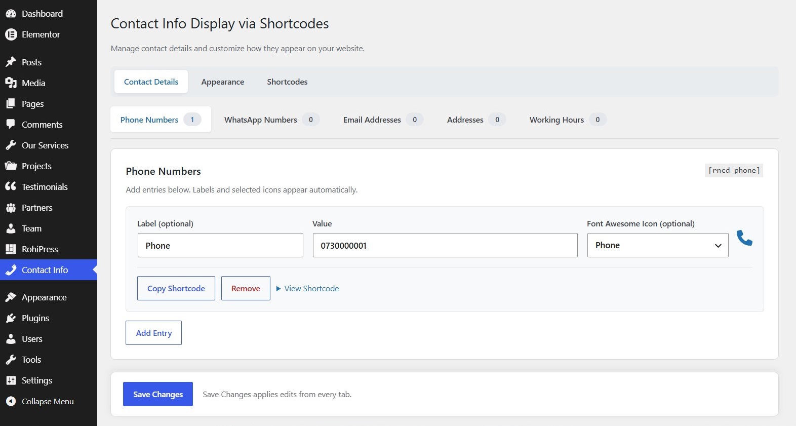 Manage contact details with optional labels, icons, and reusable shortcodes.