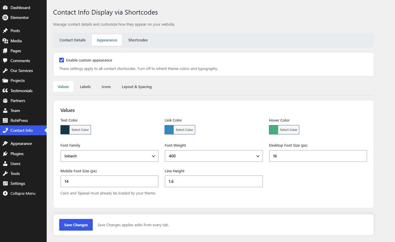 Customize contact colors, typography, and desktop and mobile sizes.