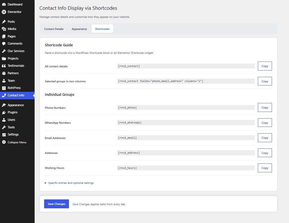 Copy shortcodes for all contact details, selected groups, or individual groups.