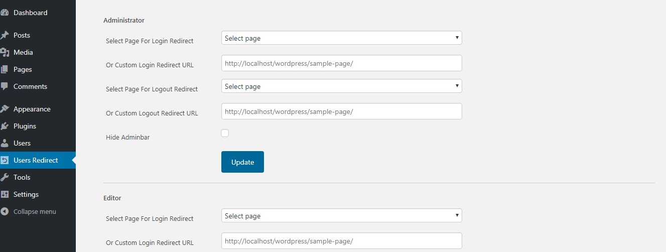 Plugin settings page where you can configure redirection and access options by role.
