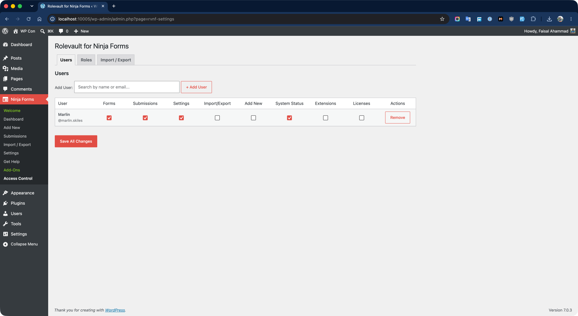 Users settings page. Add a specific user and assign Ninja Forms access rules for that user.