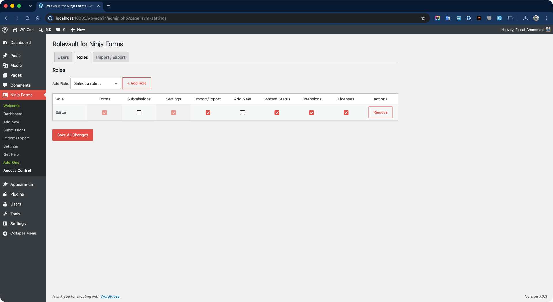 Roles settings page. Add a specific user role and assign Ninja Forms access rules for that role.