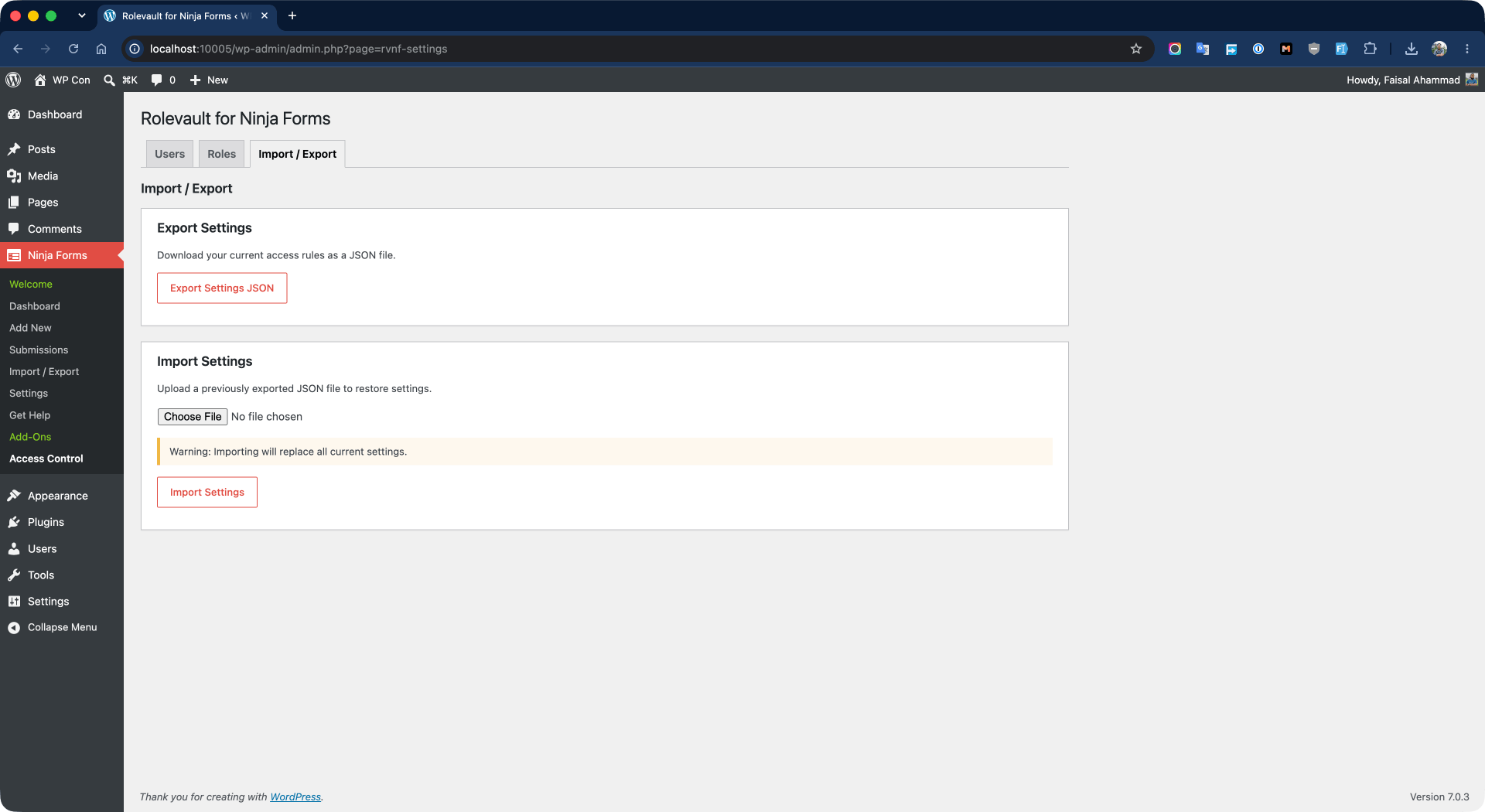 Import/Export page. Import or export the plugin's settings and configuration.