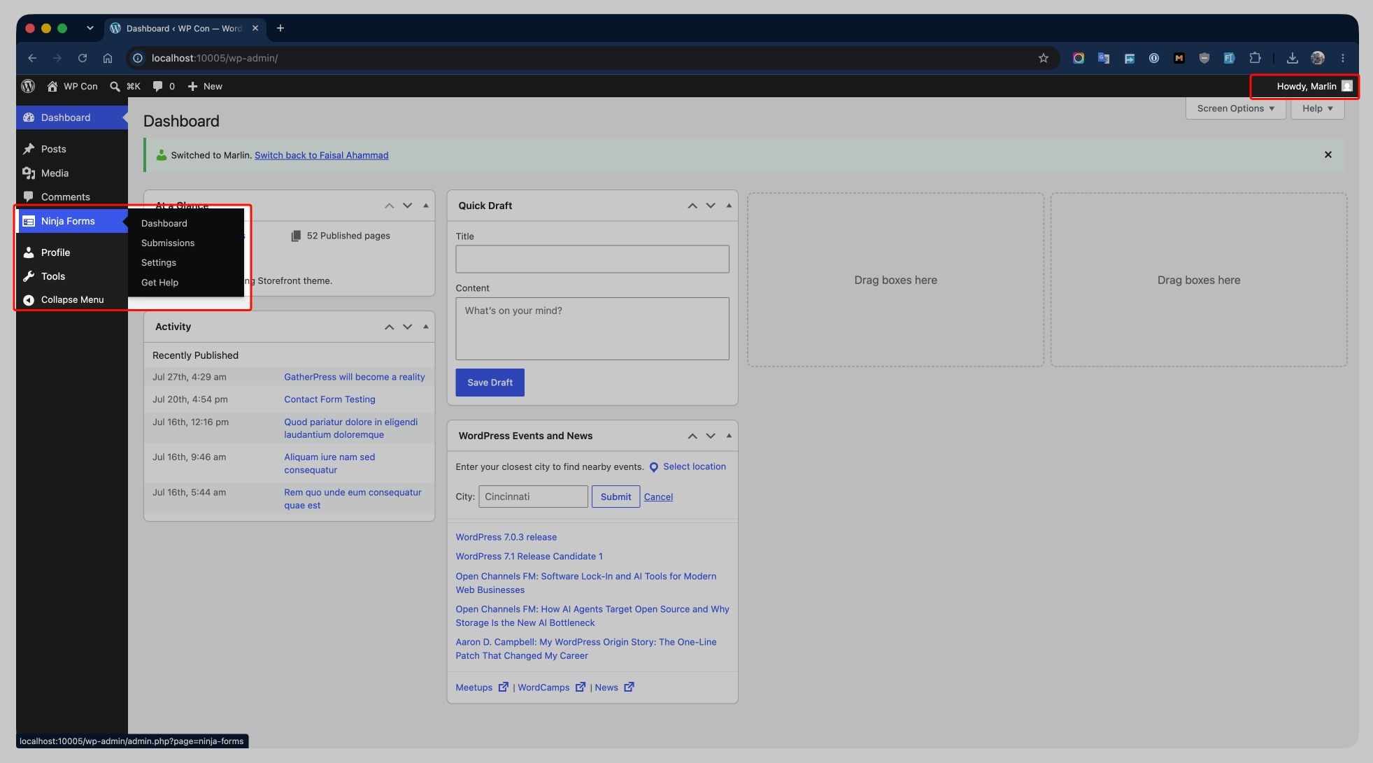 Dashboard view for a user who has been granted specific Ninja Forms access.
