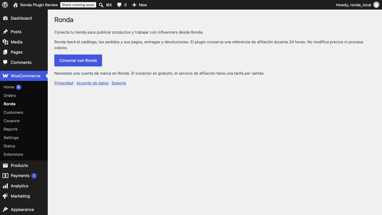 Connect your store from WooCommerce → Ronda, without copying keys or editing code.