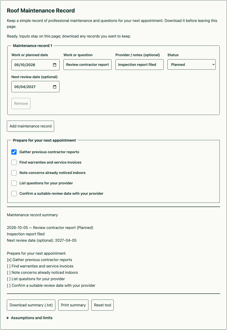 A dated maintenance entry and an appointment preparation checklist. Desktop local frontend preview with example inputs.