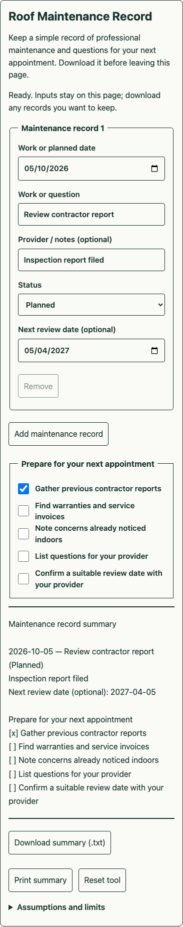 Responsive mobile view of the same tool and example inputs in a local frontend preview.
