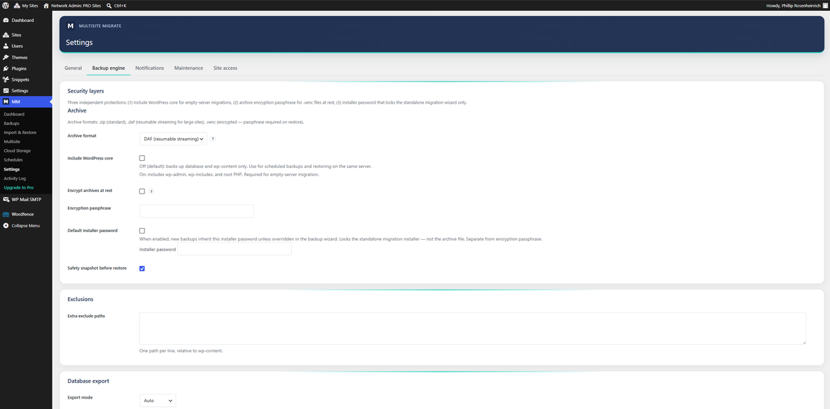 Settings: database mode, exclusions, and system maintenance options.