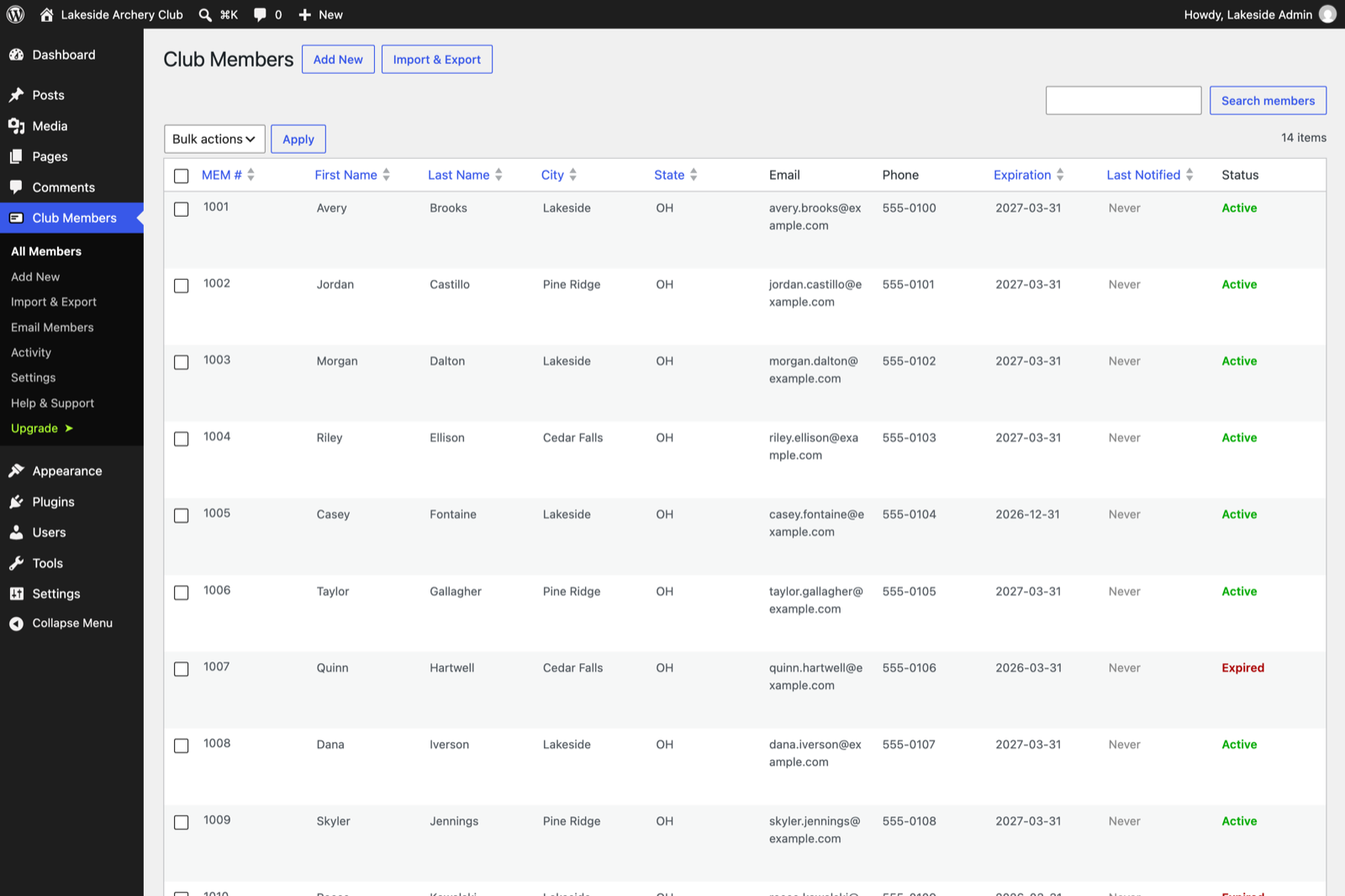 Admin member list with search, sortable columns, and Active/Expired status.