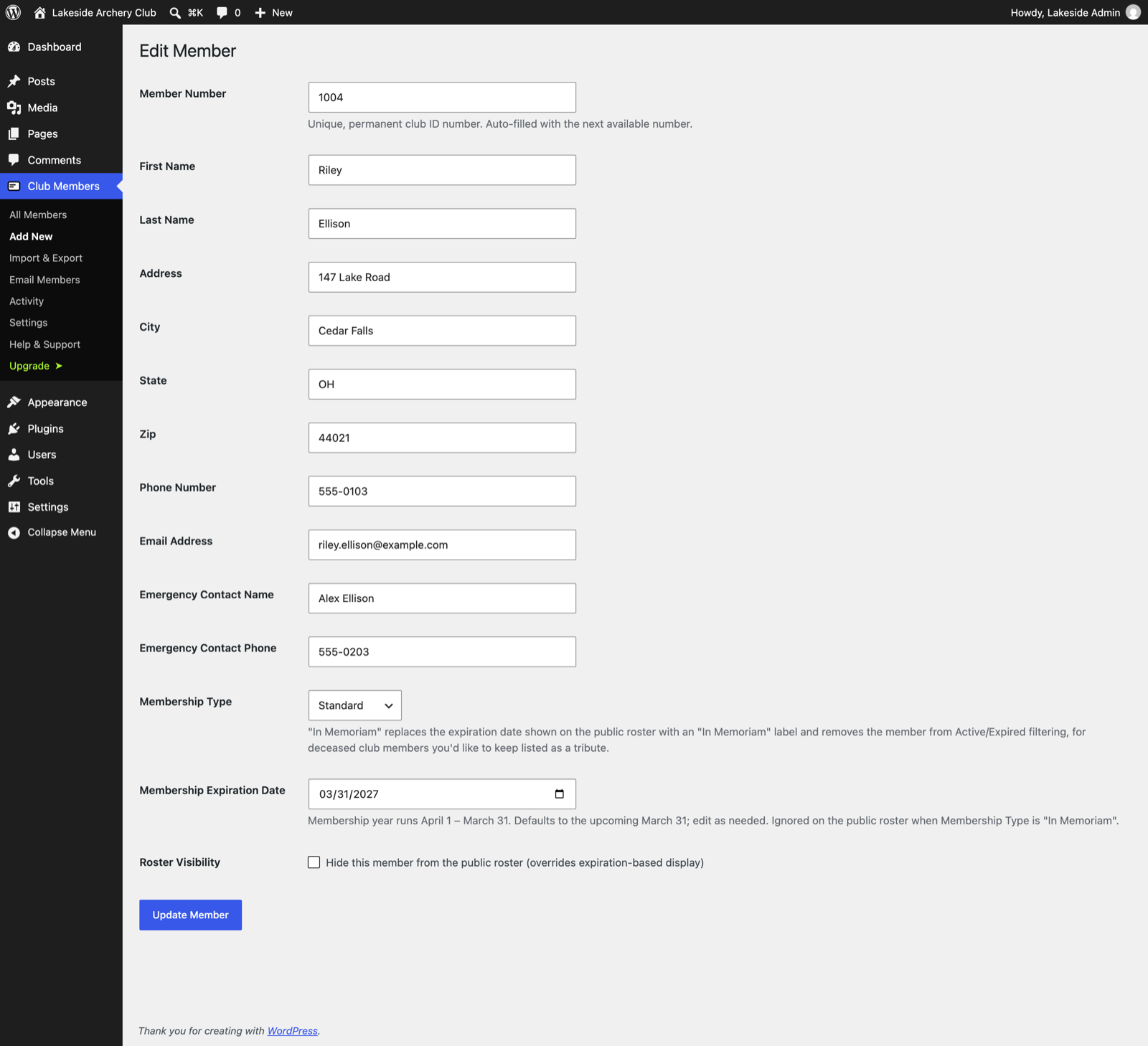 Edit Member screen: member number, contact details, emergency contact, and expiration date.