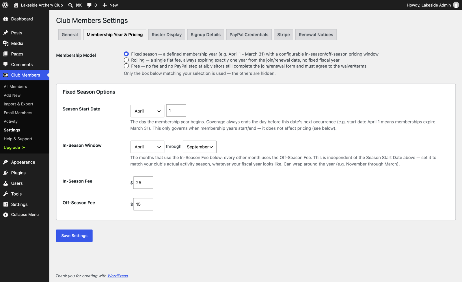 Settings: choose a fixed-season, rolling, or free membership model, with in-season and off-season fees.