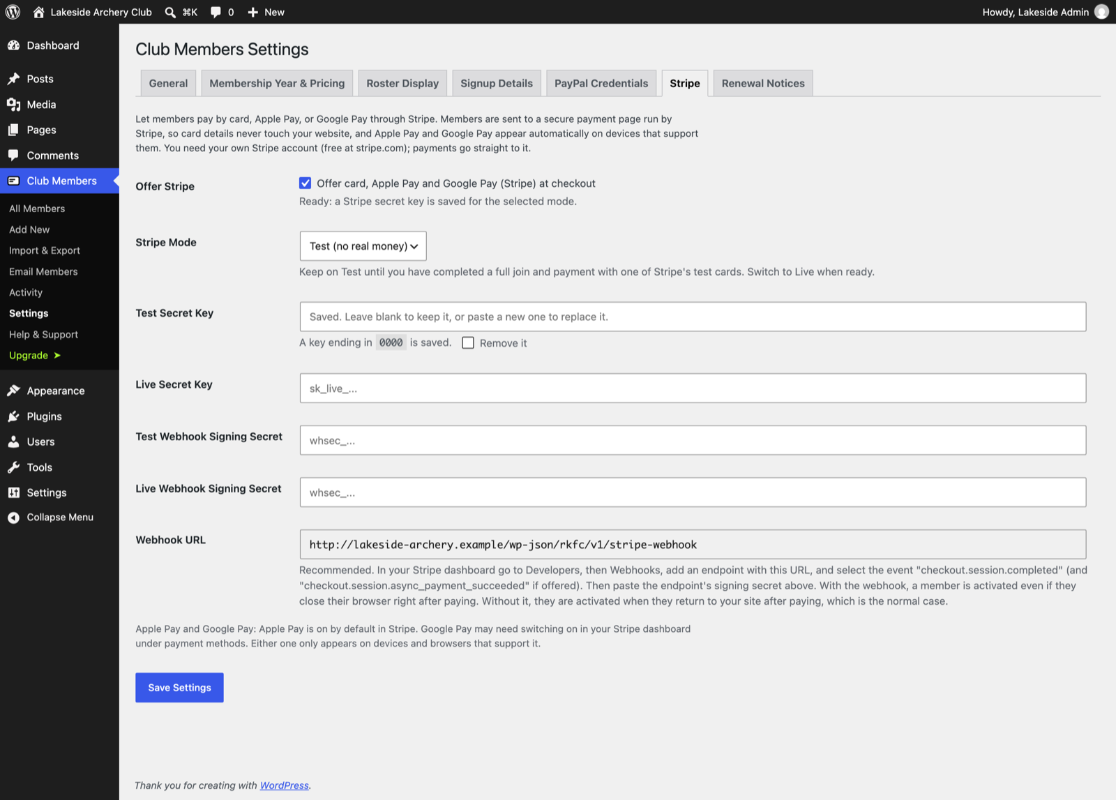 Settings: let members pay by card, Apple Pay, or Google Pay with Stripe (PayPal has its own tab).