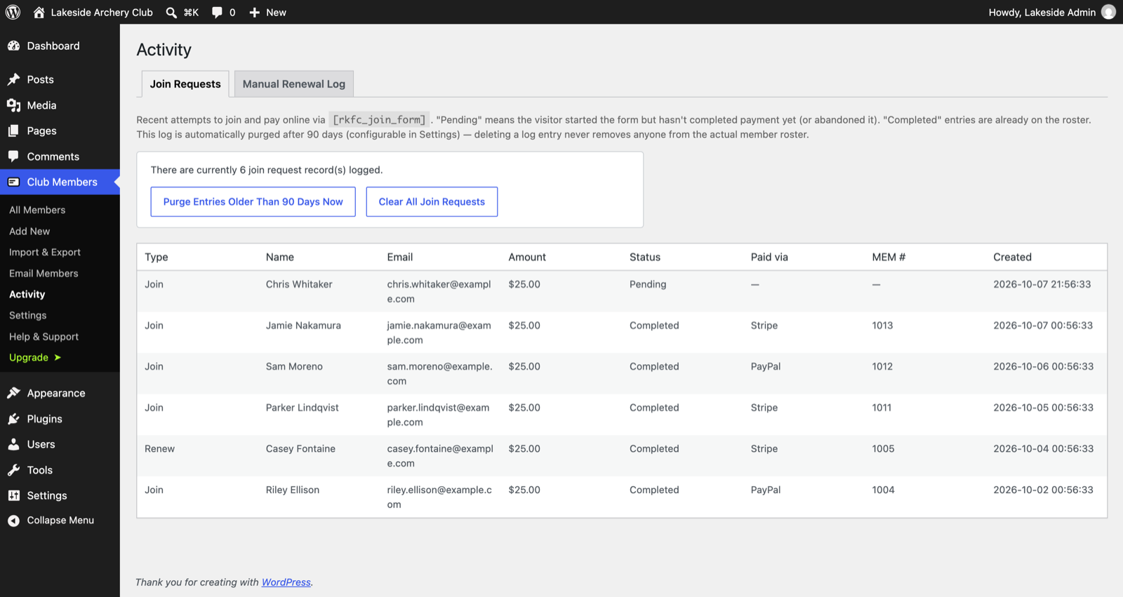 Activity log of online join and renewal payments, showing whether each was paid with PayPal or Stripe.