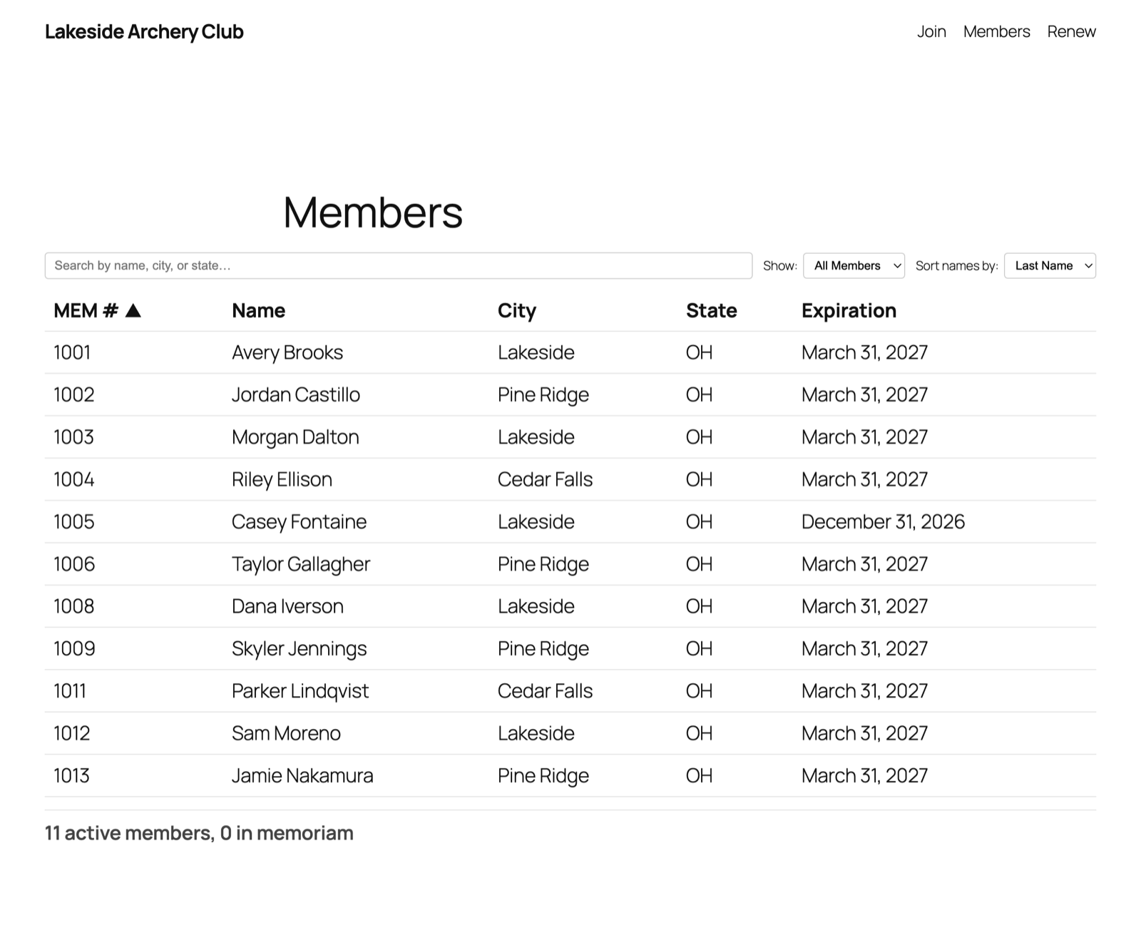 Public roster shortcode with search and a status filter.