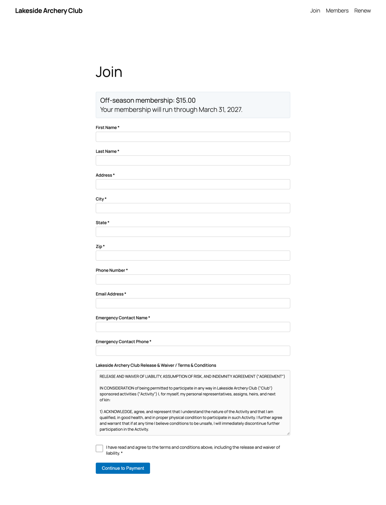 Online join form showing the membership price, your details form, and the waiver.