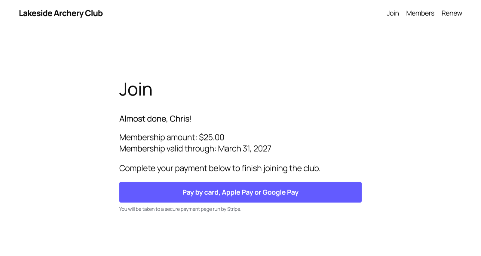Payment step: pay by card, Apple Pay, or Google Pay on a secure Stripe page (PayPal also appears here when turned on).