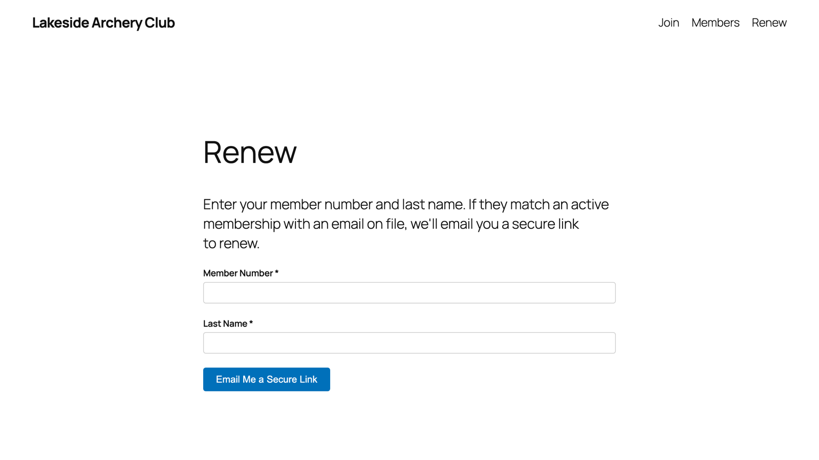 Online renewal form: members look themselves up and get a secure link by email.