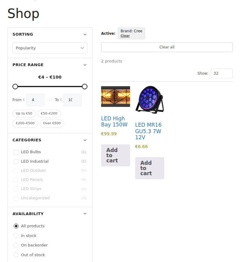 Front-end filter sidebar on the shop page — sorting, price range, categories, availability and attribute groups filter the product grid instantly with no page reload.