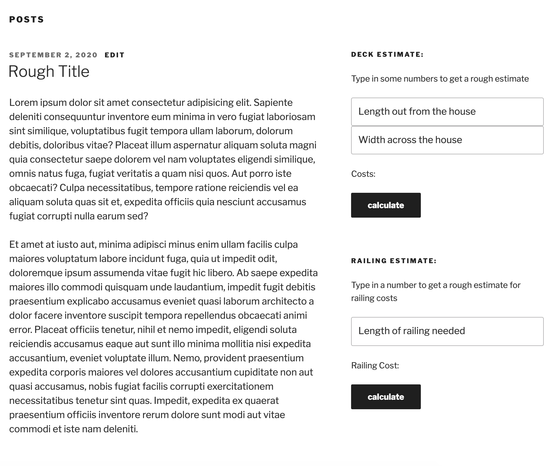 Example: Two customized RoughEst calculators in the sidebar of a post, RoughEst SQFT and RoughEst Run.