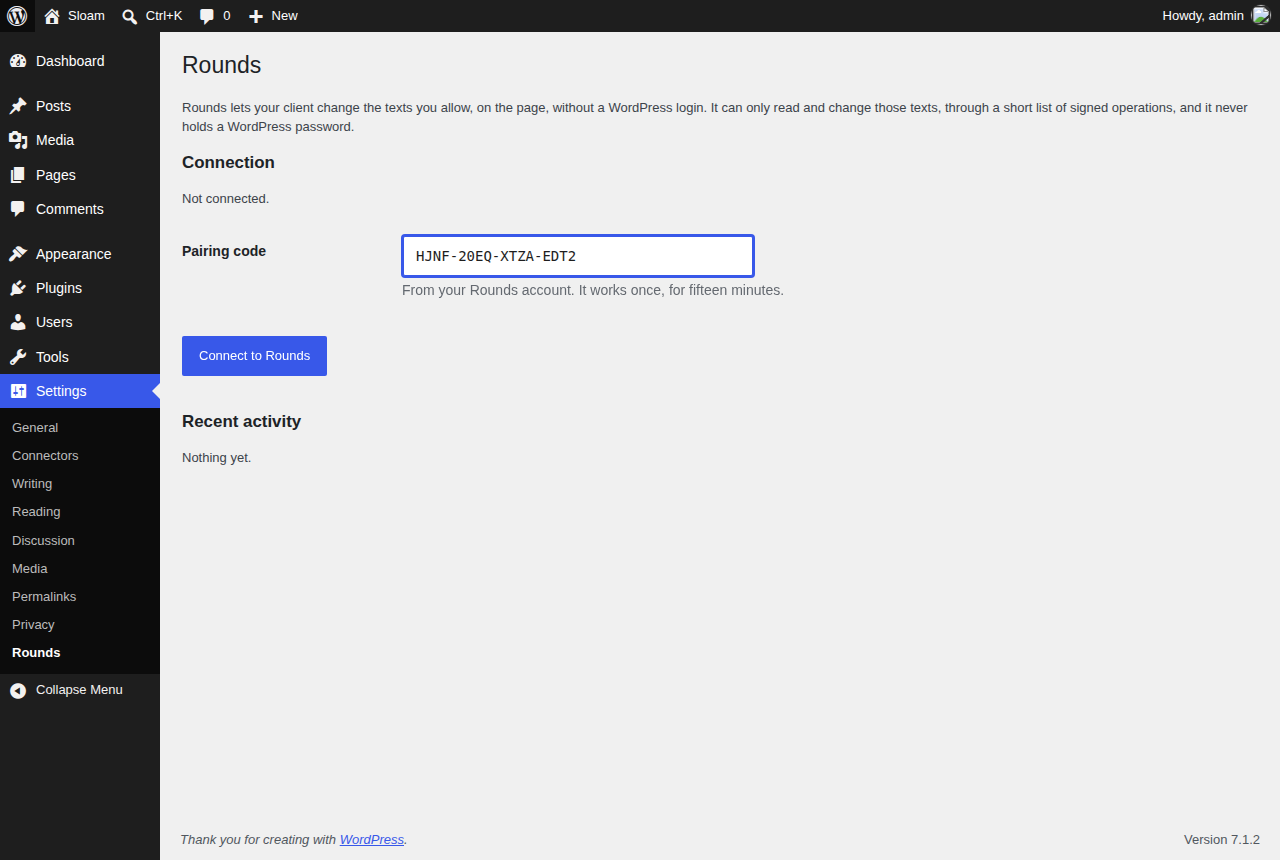 Settings → Rounds before the site is connected: paste the one-time code from your Rounds account.