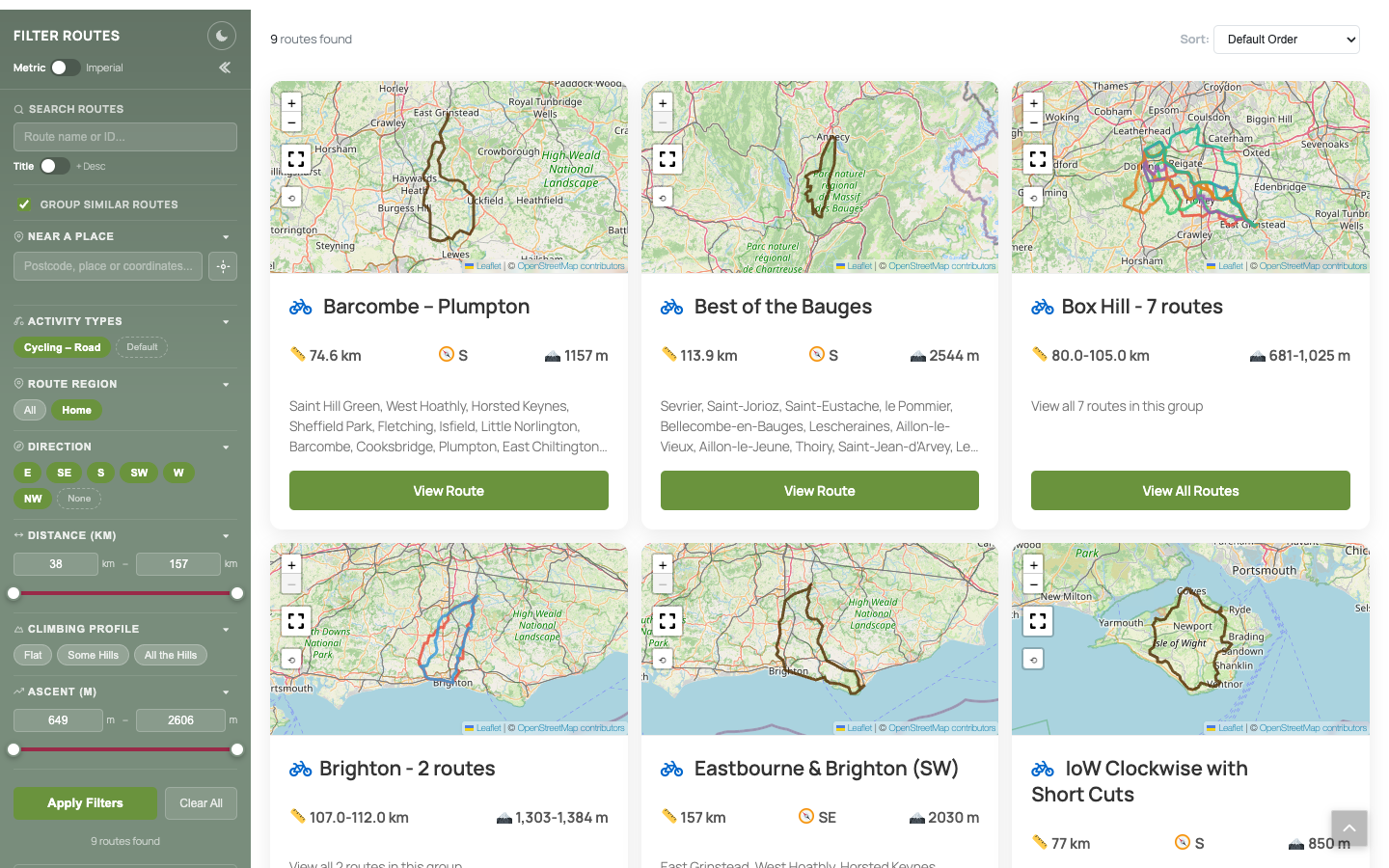 The route finder: filter by distance, ascent, direction and more, with related routes grouped together