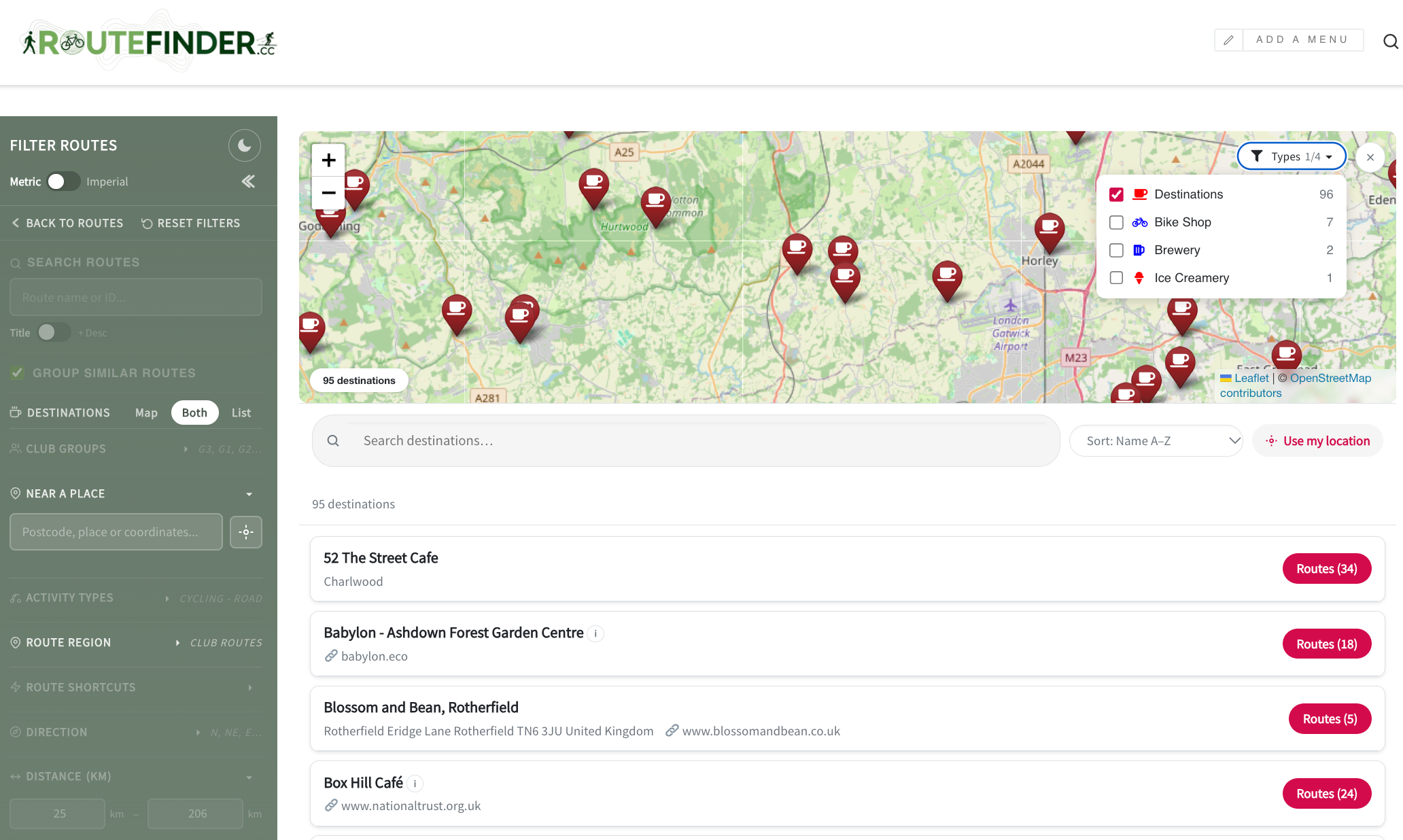 A map and list of destinations, with clickable associated routes