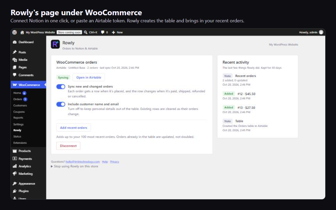 Rowly's page under WooCommerce, connected to Notion.