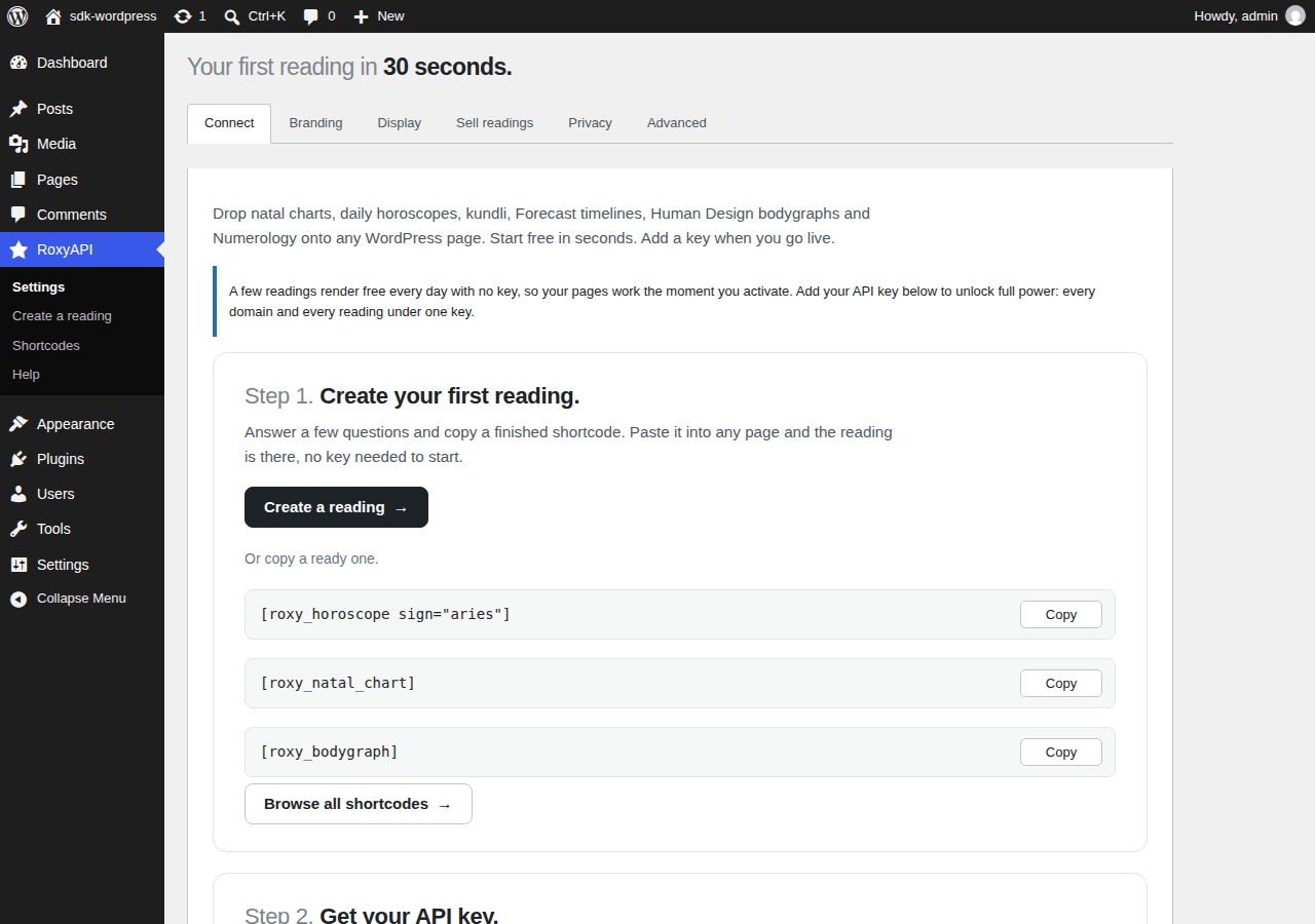 Connect in seconds. Free to start, with copy-paste shortcodes and a guided quick start.
