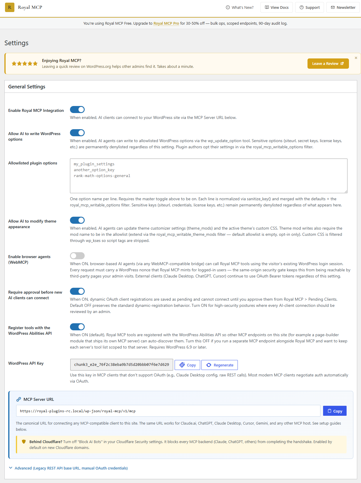 Main settings page with API key and platform overview