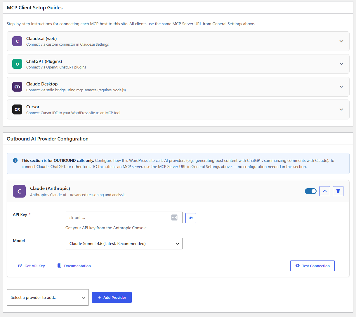 AI platform configuration with connection testing