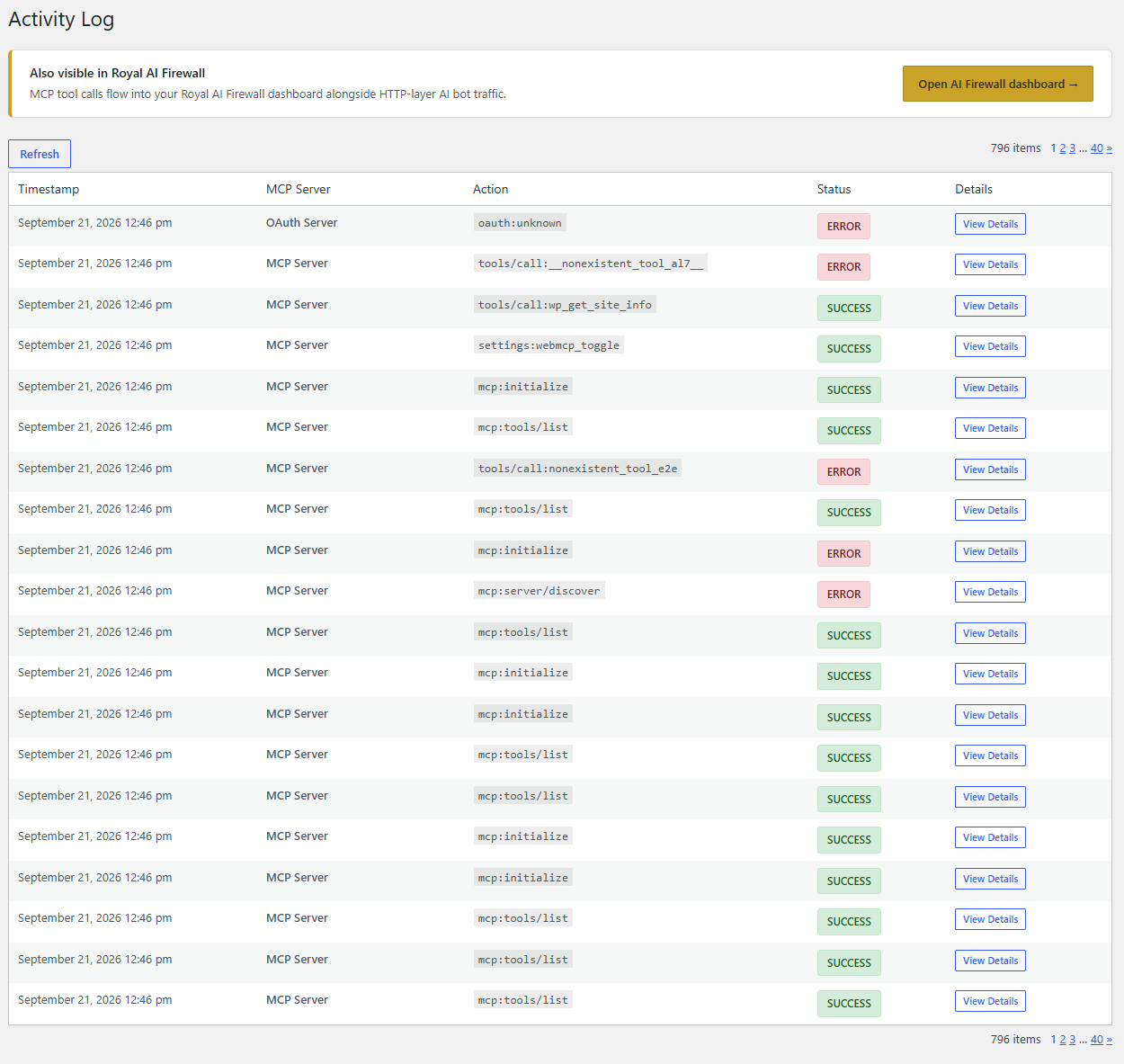 Activity log showing authenticated MCP requests