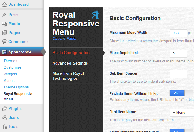 Responsive select menu Control Panel
